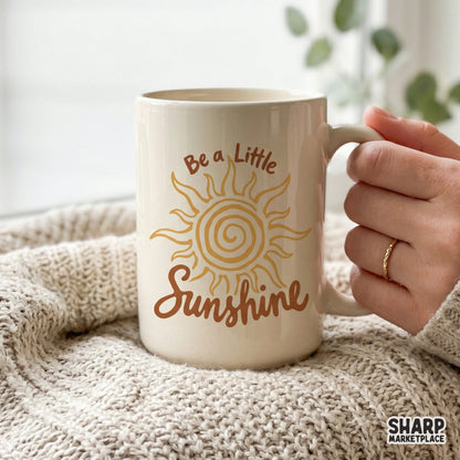 Boho style sunshine quote design with a retro spiral sun illustration, suitable for print-on-demand apparel and cheerful summer-themed crafts.