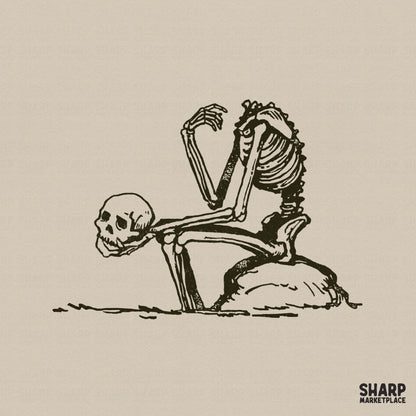 Vintage-style ink illustration of a skeleton kneeling and holding its own skull, rendered in detailed black line art on a neutral background.