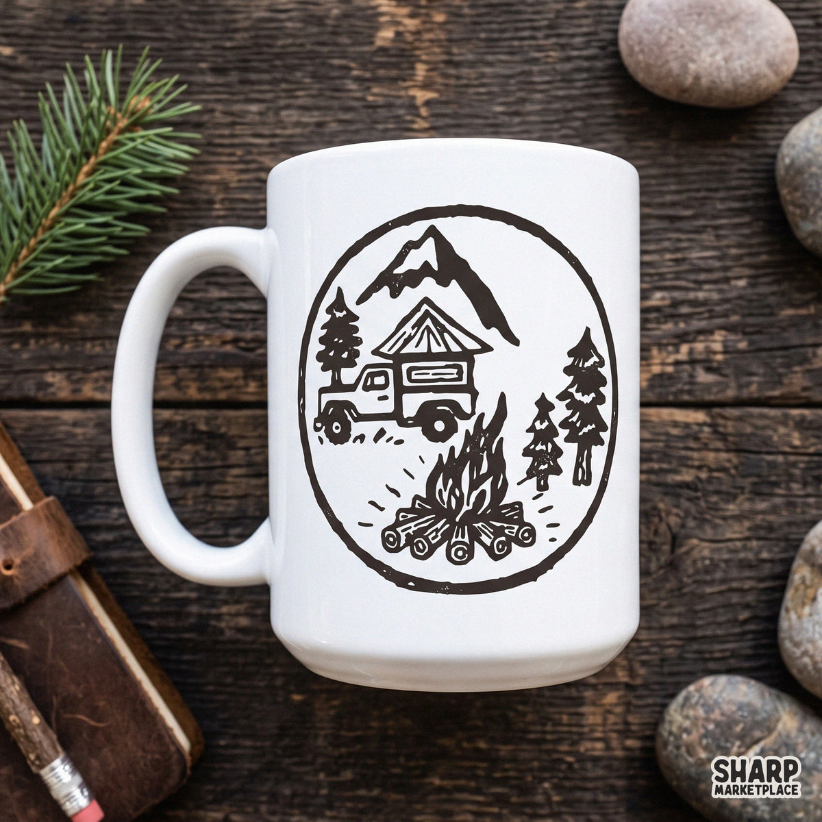 Rustic truck camper in the mountains with pine trees and campfire retro camping png design for shirt sublimation