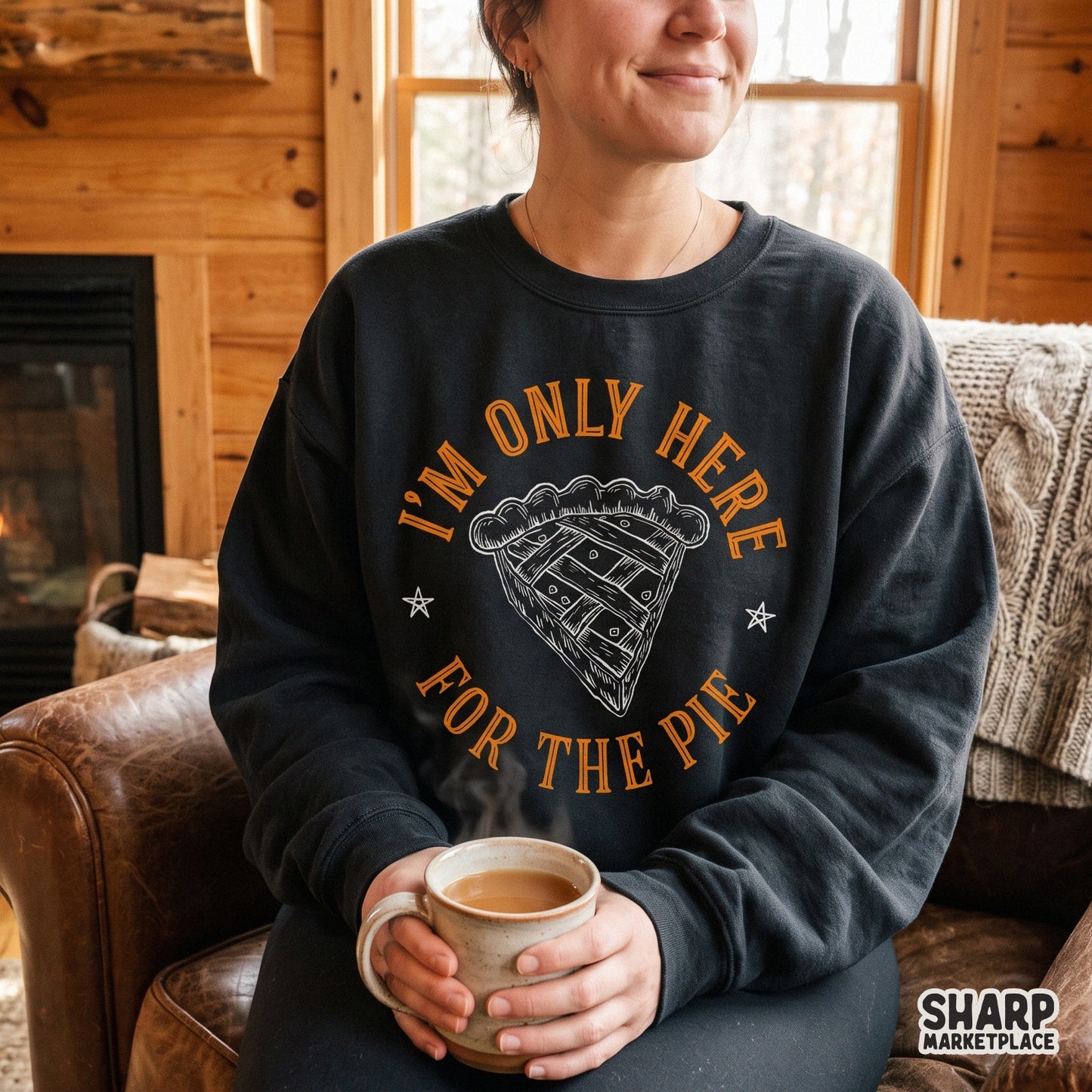Retro sarcastic Thanksgiving shirt design featuring the phrase I'm Only Here For The Pie for fall holiday sublimation projects