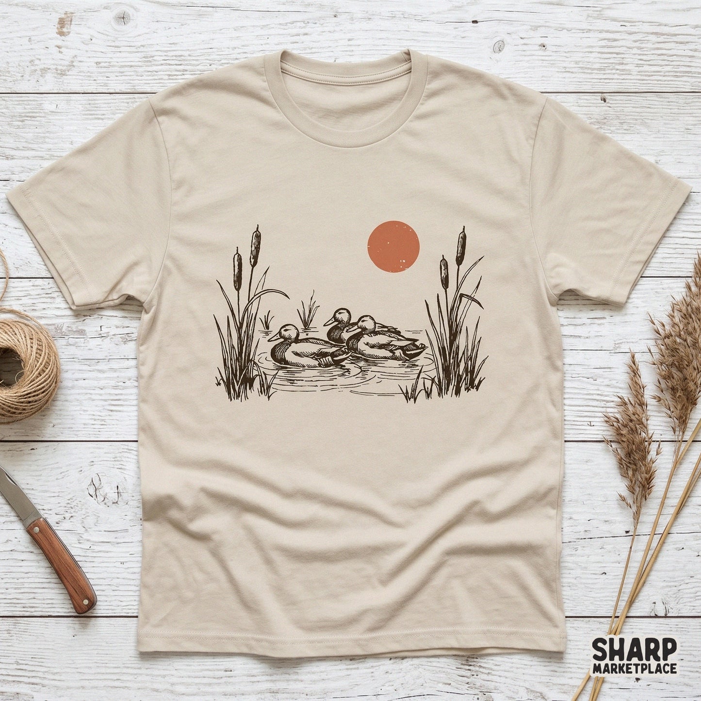 Vintage mallard ducks swimming in a pond with a sunset background retro nature sublimation design for hunting shirts