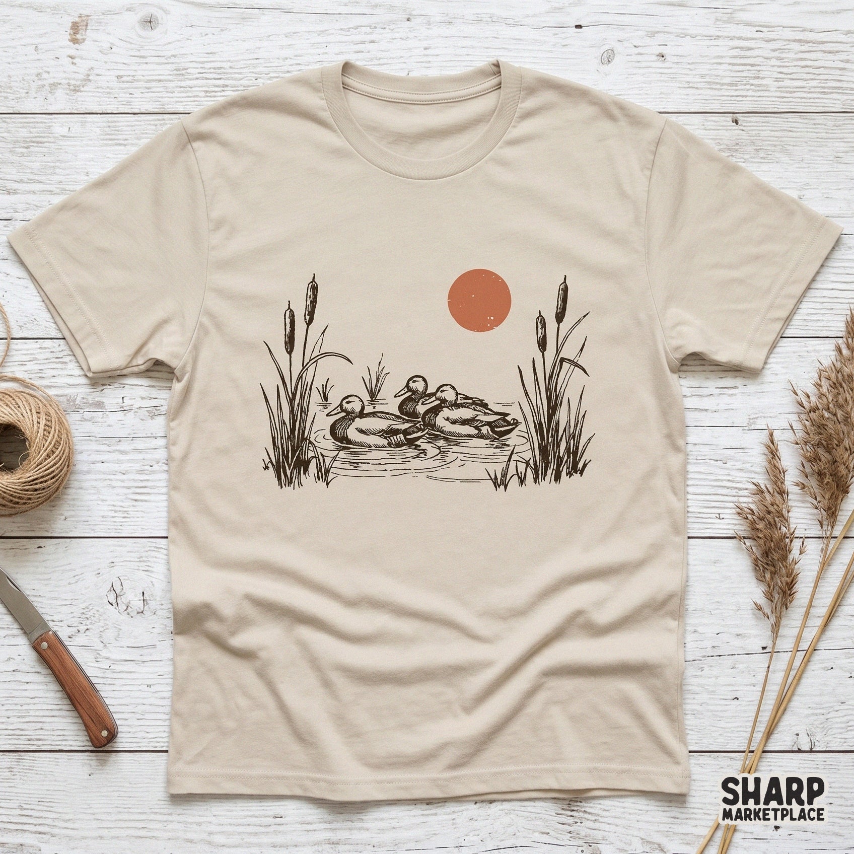 Vintage mallard ducks swimming in a pond with a sunset background retro nature sublimation design for hunting shirts