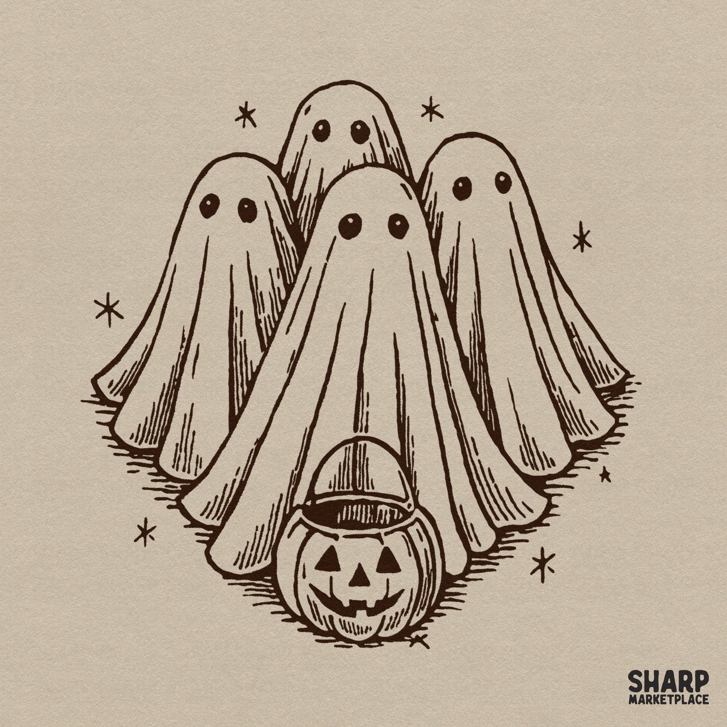 Retro cute sheet ghosts and jack o lantern drawing for spooky season Halloween sublimation and autumn apparel designs