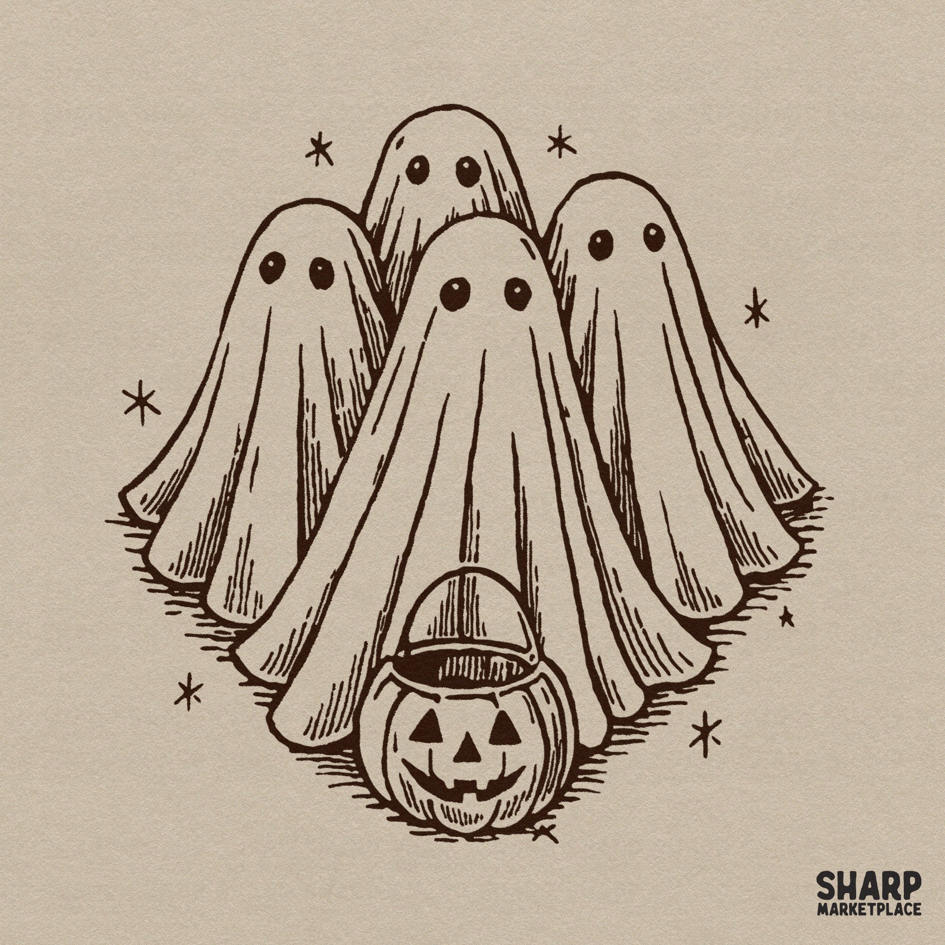 Retro cute sheet ghosts and jack o lantern drawing for spooky season Halloween sublimation and autumn apparel designs