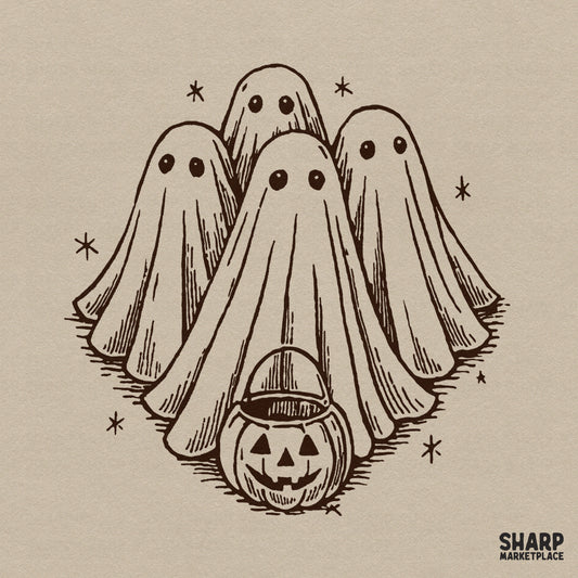 Retro cute sheet ghosts and jack o lantern drawing for spooky season Halloween sublimation and autumn apparel designs