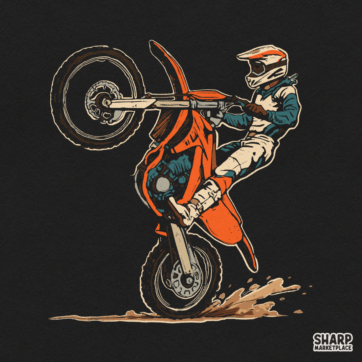 Retro motocross dirt bike rider doing a wheelie stunt digital PNG design for boys racing t-shirts and apparel