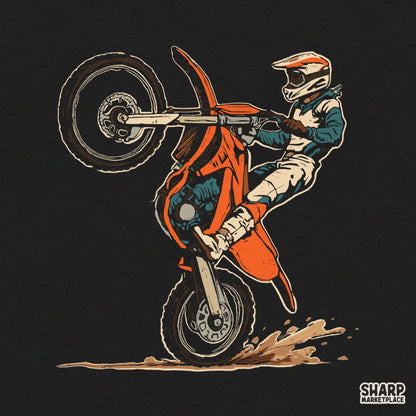 Retro motocross dirt bike rider doing a wheelie stunt digital PNG design for boys racing t-shirts and apparel