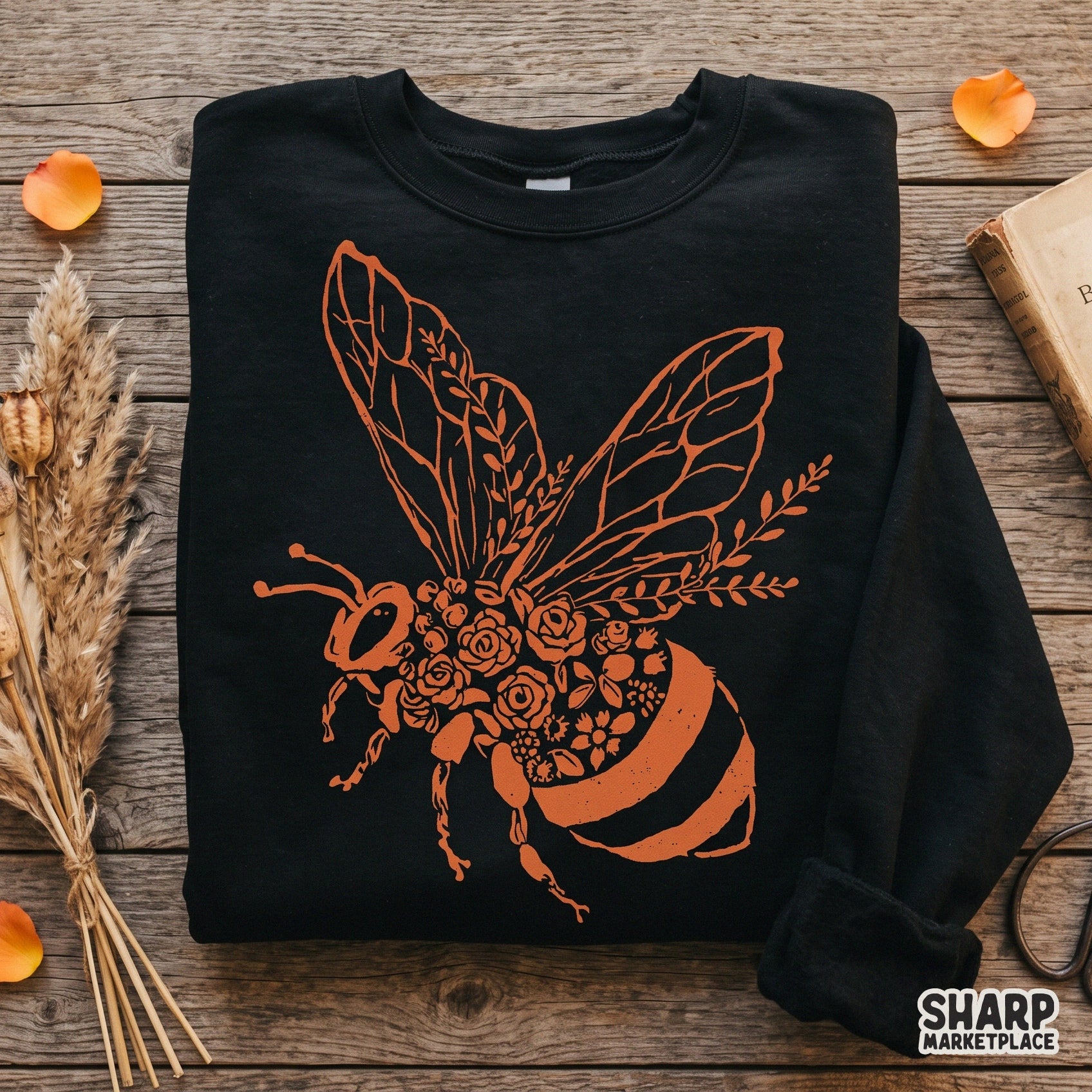 Orange floral honey bee silhouette graphic design for spring t-shirts and summer apparel print-on-demand sublimation
