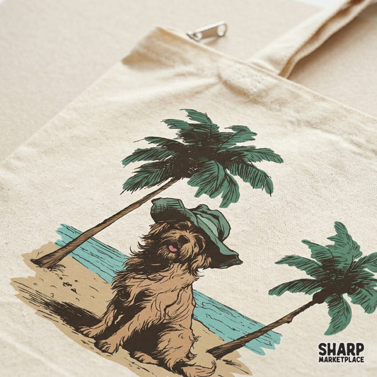 Retro scruffy dog wearing a floppy hat on a beach with palm trees, funny summer png sublimation shirt design