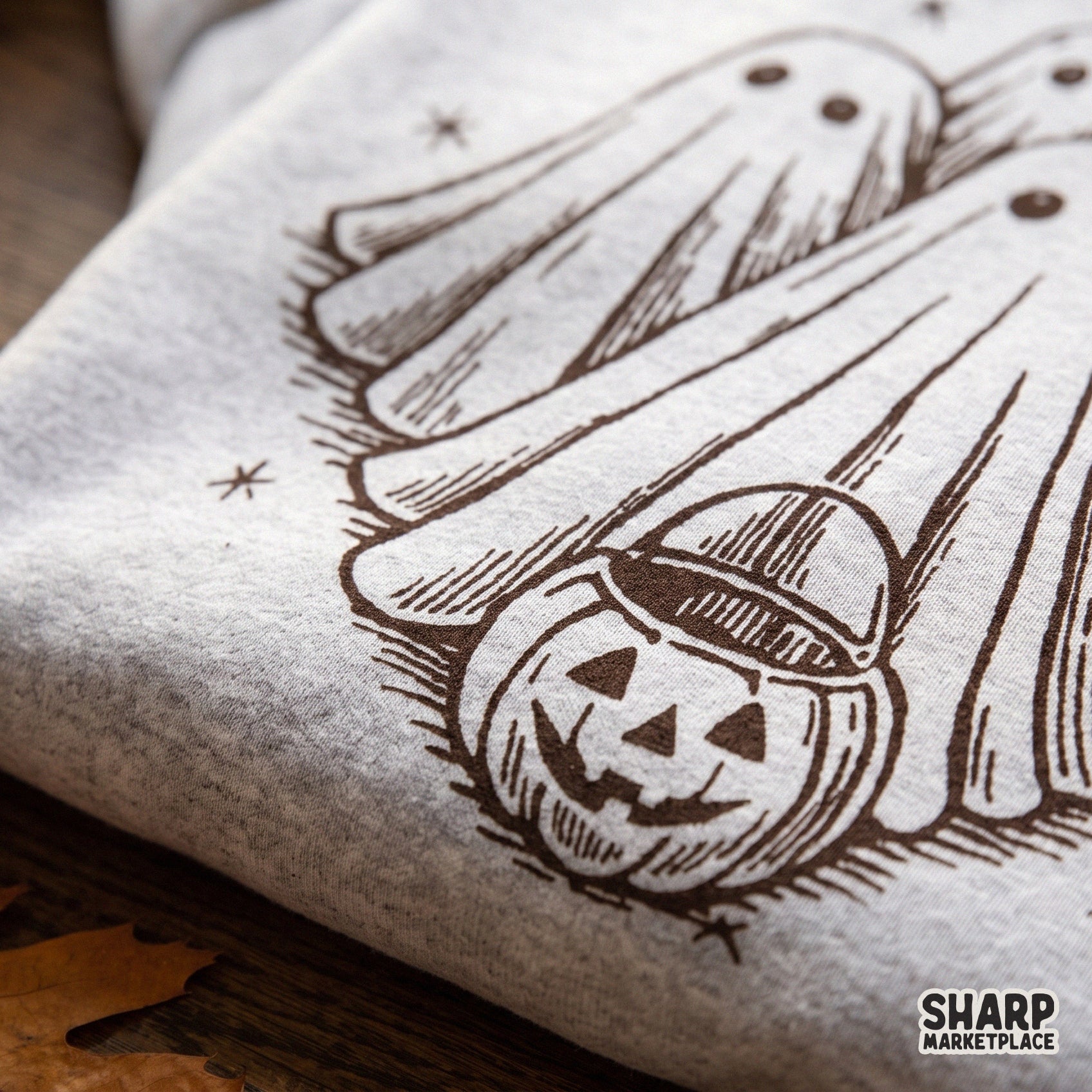 Retro drawing of cute sheet ghosts and jack o lanterns for spooky season sublimation and Halloween apparel designs