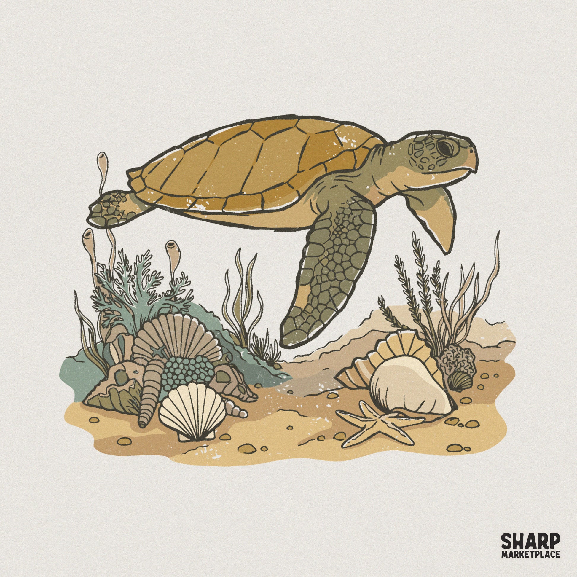 Hand-drawn sea turtle swimming over a sandy ocean floor with seashells, a starfish, and aquatic plants in muted earth tones for digital projects.