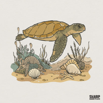 Hand-drawn sea turtle swimming over a sandy ocean floor with seashells, a starfish, and aquatic plants in muted earth tones for digital projects.