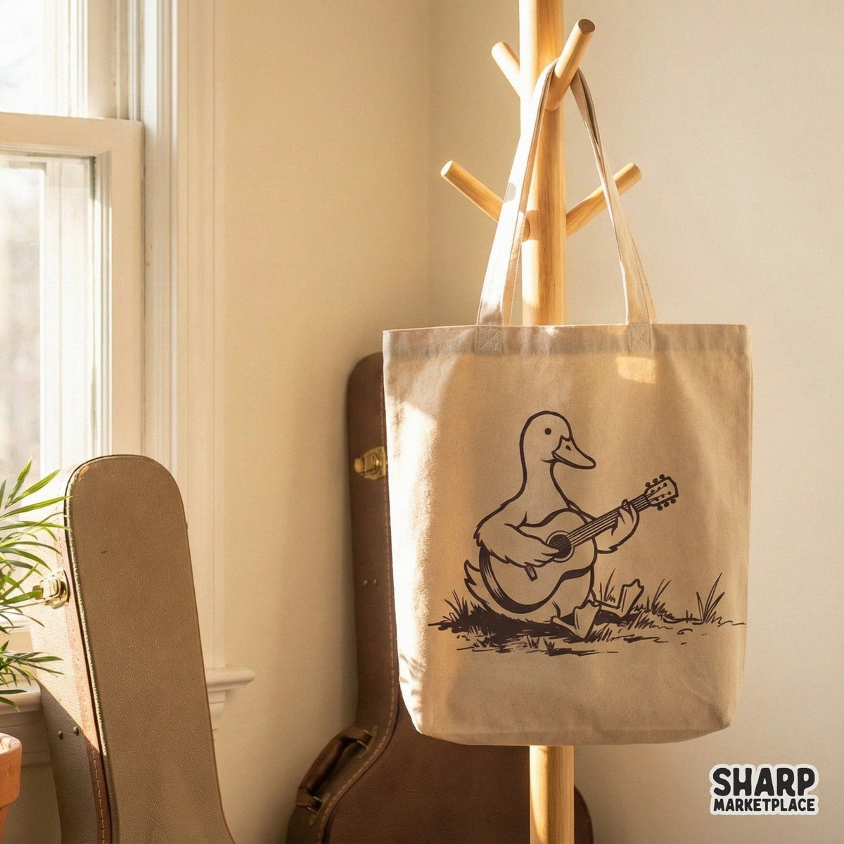 Whimsical sitting duck with an acoustic guitar, a versatile digital illustration for print-on-demand apparel, wall art, and DIY creative projects.