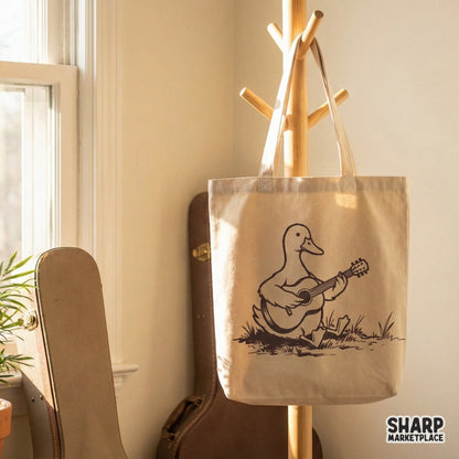Whimsical sitting duck with an acoustic guitar, a versatile digital illustration for print-on-demand apparel, wall art, and DIY creative projects.