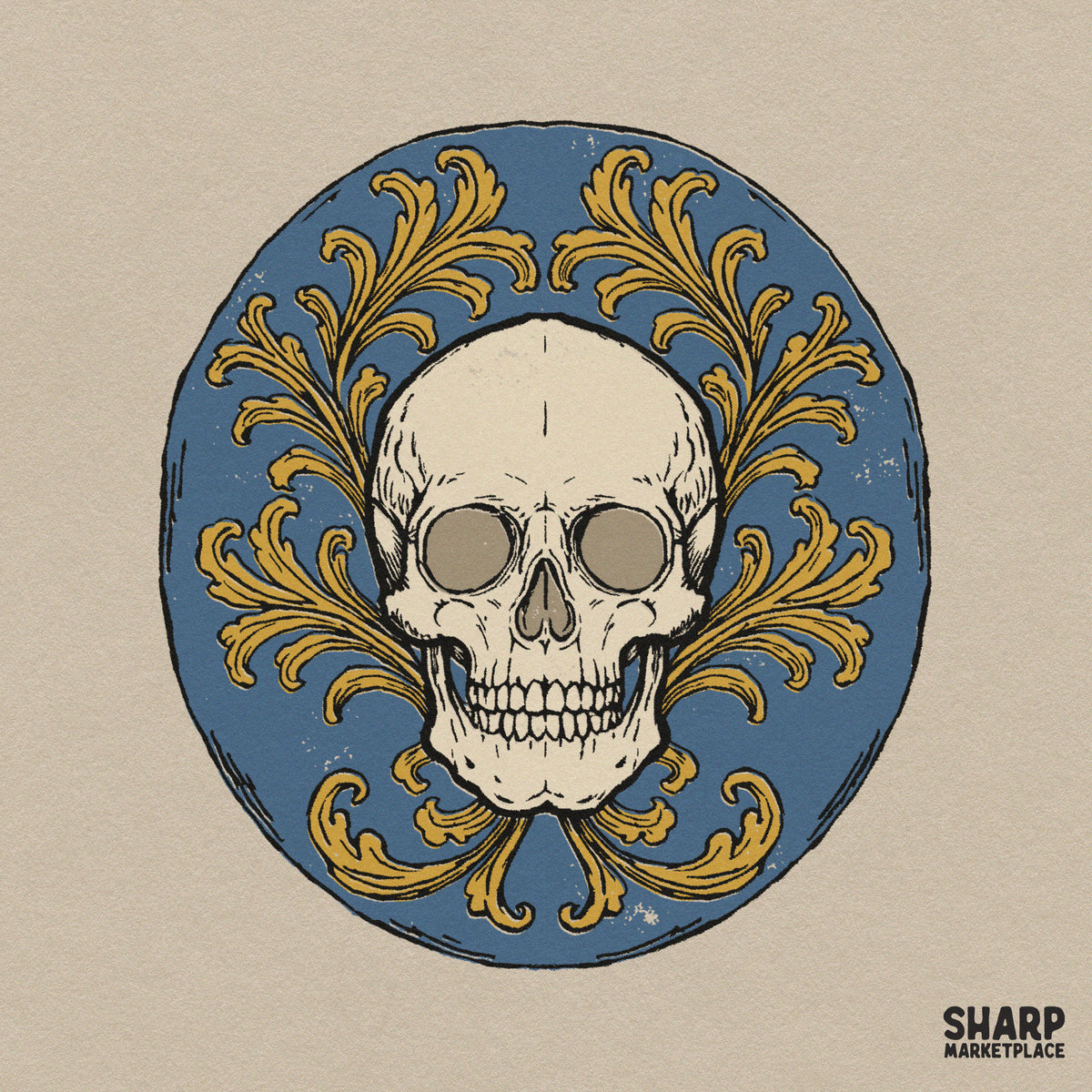 Antique Skull Set In Blue Medallion With Gold Acanthus