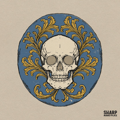 Antique Skull Set In Blue Medallion With Gold Acanthus