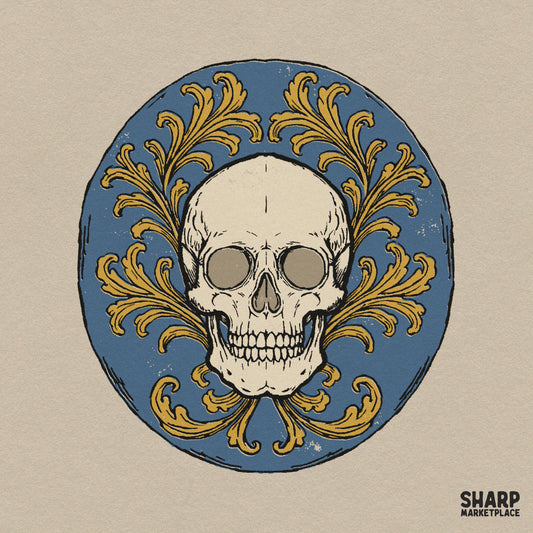 Antique Skull Set In Blue Medallion With Gold Acanthus