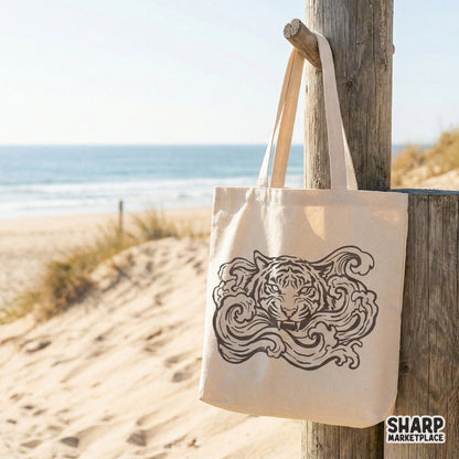 Bold Japanese tattoo style tiger head graphic with detailed wave patterns, ideal for creating edgy streetwear, wall art, or unique DIY craft projects.