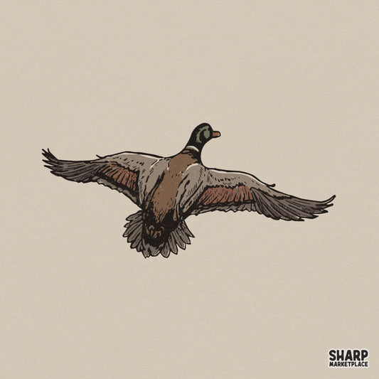 Vintage style hand-drawn mallard duck in flight with detailed brown feathers and a green head, isolated on a neutral background for sublimation.