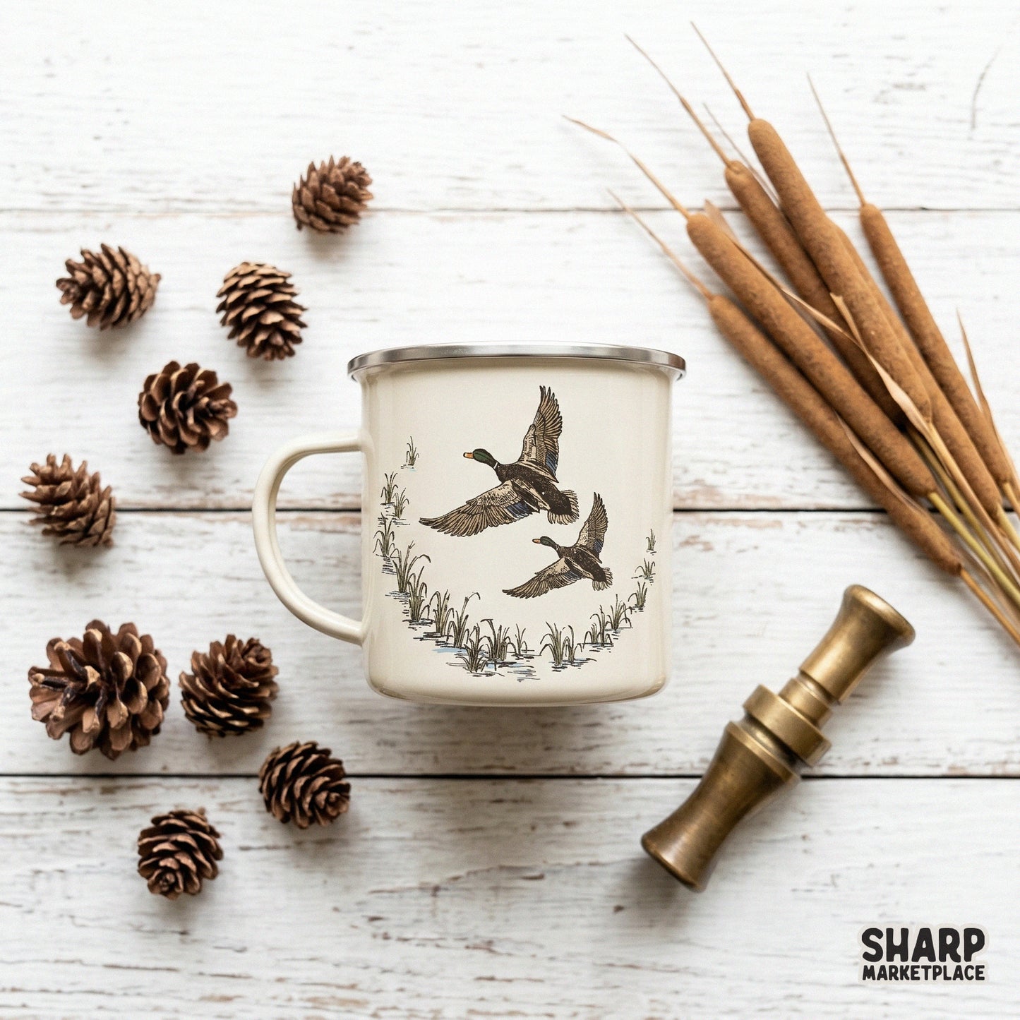 Detailed waterfowl flight graphic featuring mallards and marsh reeds, ideal for DTF transfers, stickers, and outdoor-themed wall art prints.