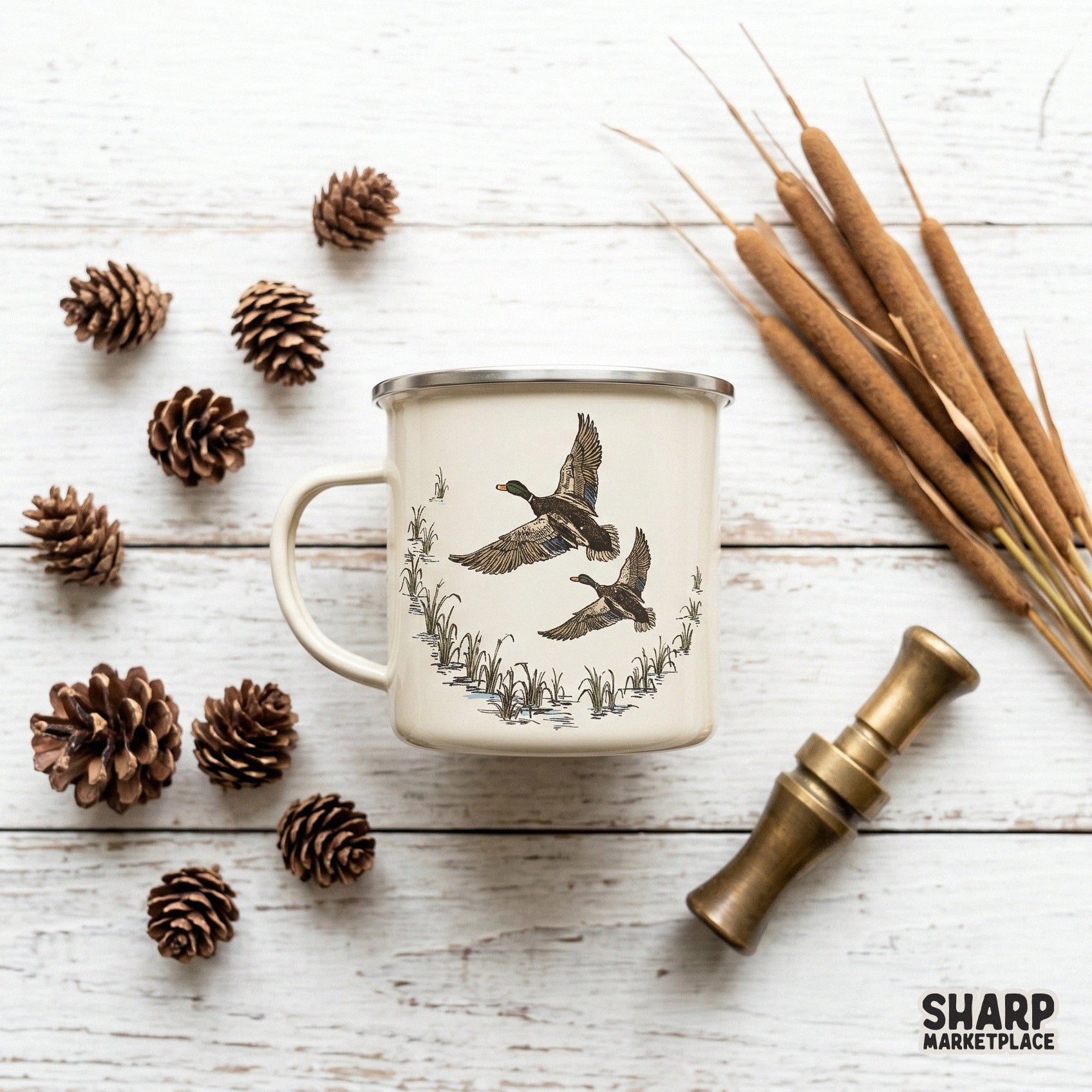 Detailed waterfowl flight graphic featuring mallards and marsh reeds, ideal for DTF transfers, stickers, and outdoor-themed wall art prints.