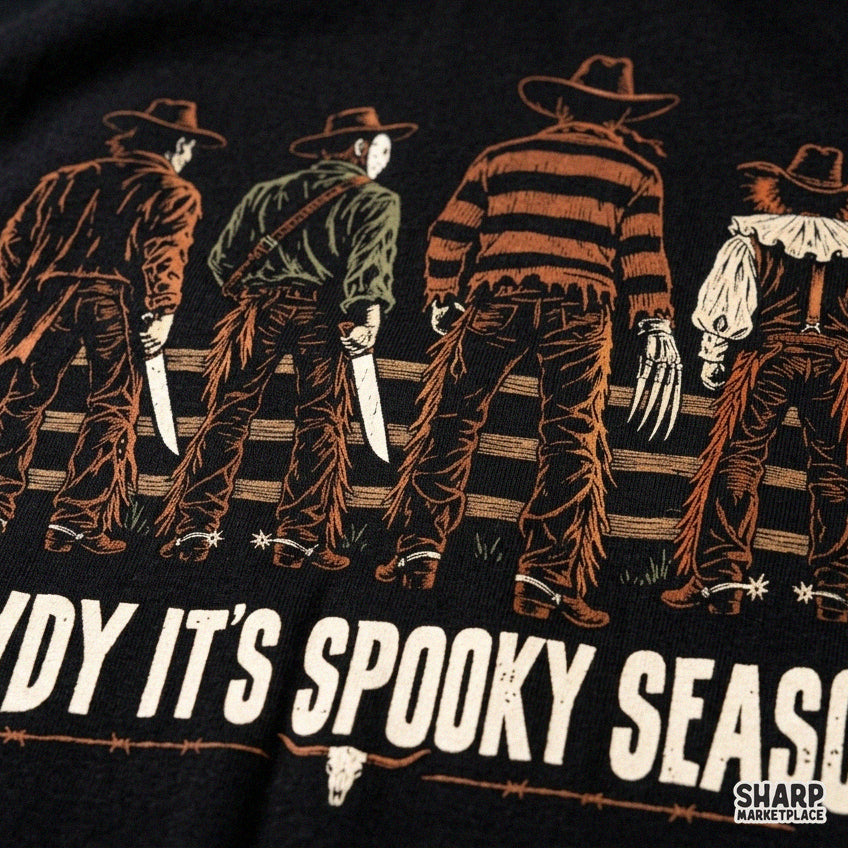 Howdy Spooky Season western horror movie killers and fall pumpkins Halloween PNG design for trendy cowboy shirts