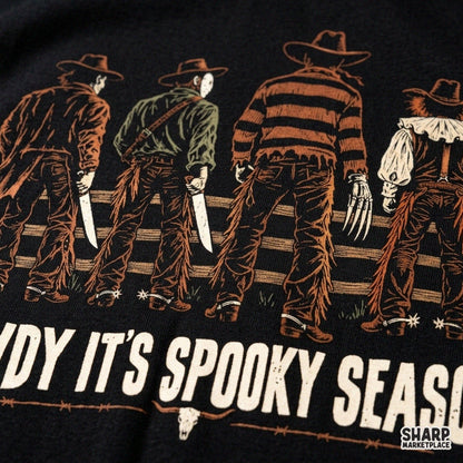 Howdy Spooky Season western horror movie killers and fall pumpkins Halloween PNG design for trendy cowboy shirts