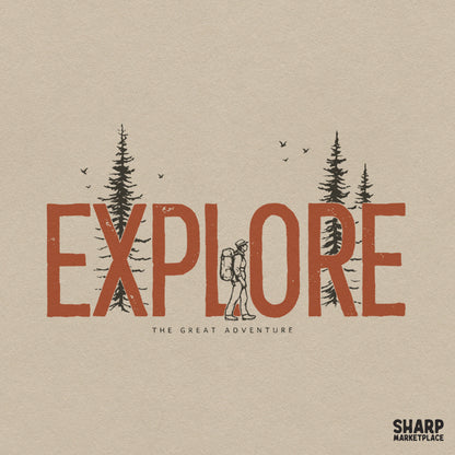Retro explore the great adventure camping png design with pine trees for hiking lovers and outdoor shirt prints
