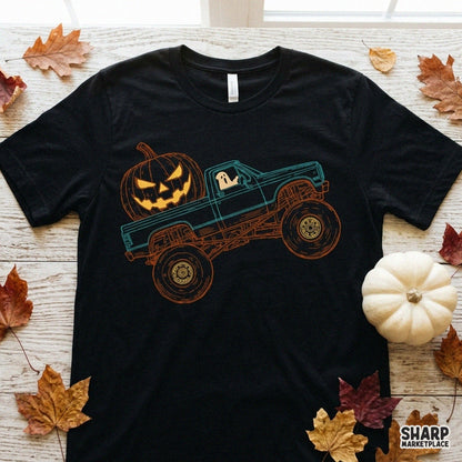 Vintage monster truck carrying a glowing jack o lantern with a ghost driver for a retro Halloween PNG t-shirt design