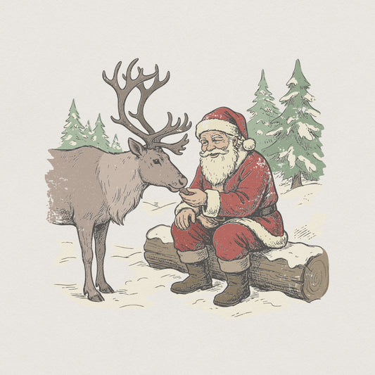 Santa Claus Feeding Reindeer PNG, Vintage Christmas Scene - 300 DPI