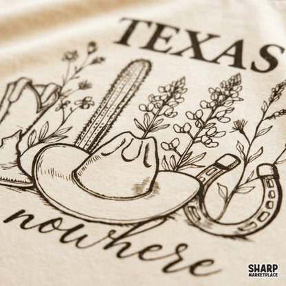Texas or Nowhere vintage western PNG graphic with cowboy boots, hat, and cactus desert art for retro shirts