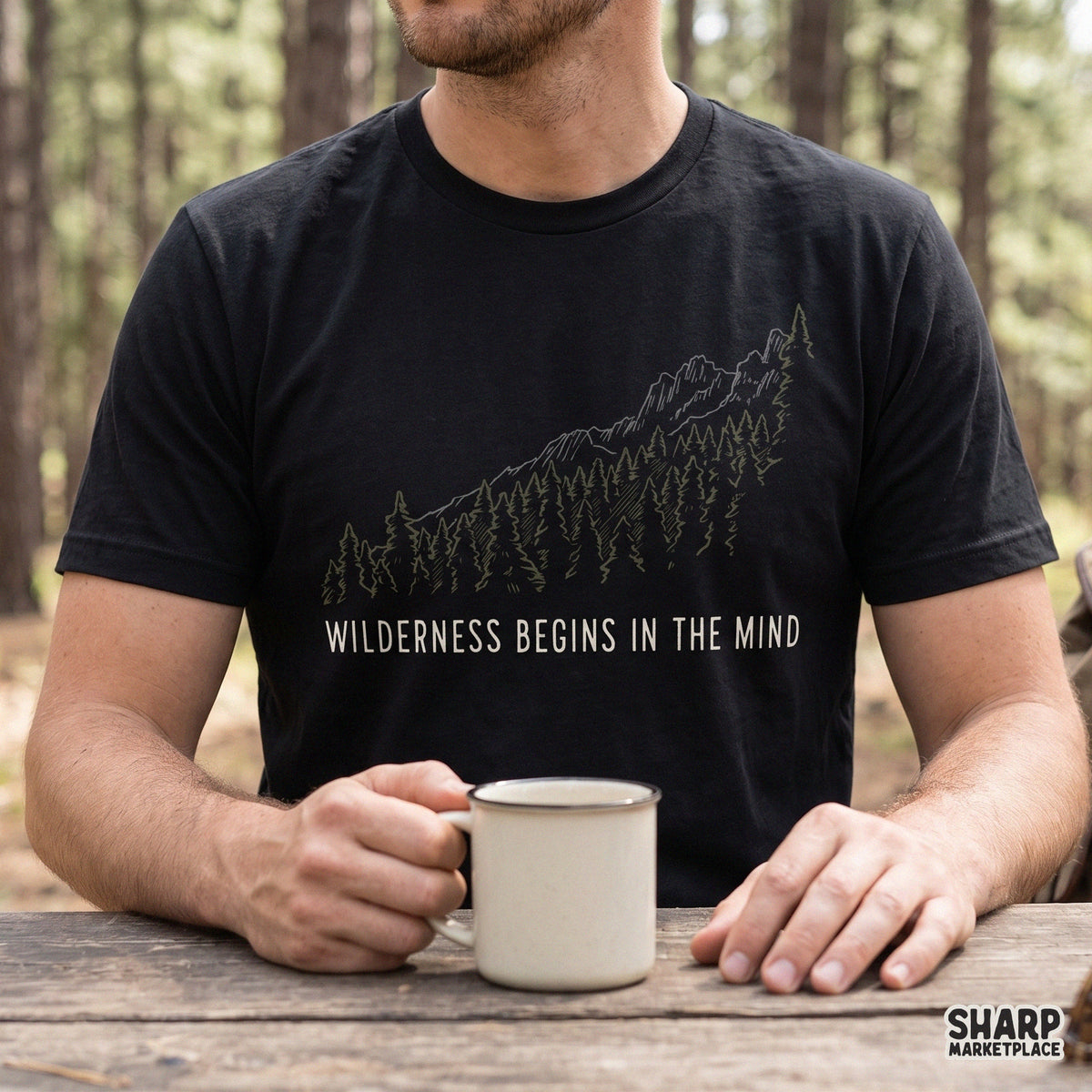 Wilderness Begins In The Mind retro camping PNG design for hiking shirts and nature lovers