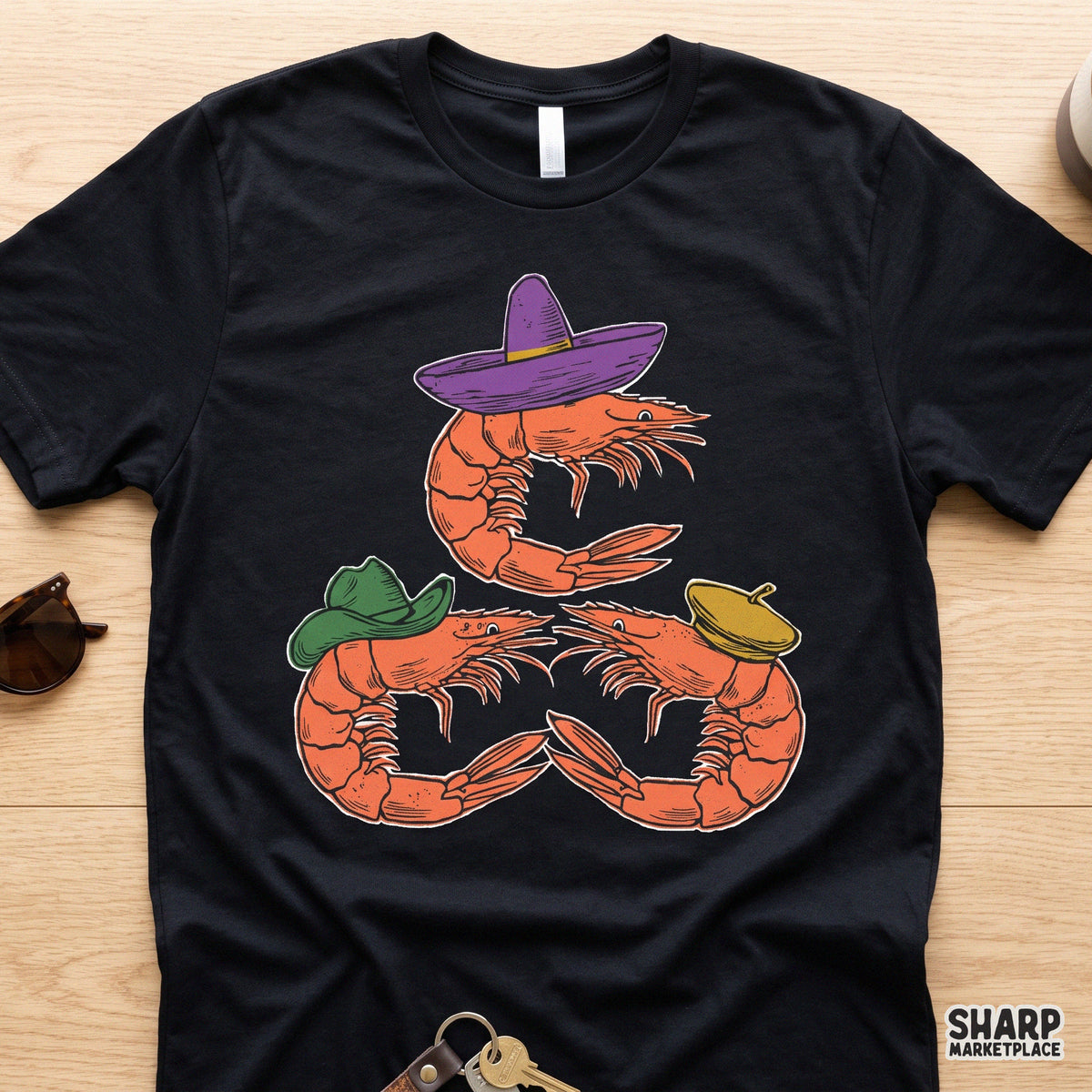 Three Funny Shrimps Wearing Silly Hats Graphic Tee, Quirky