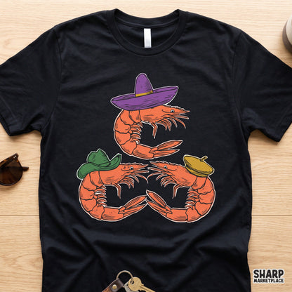 Three Funny Shrimps Wearing Silly Hats Graphic Tee, Quirky