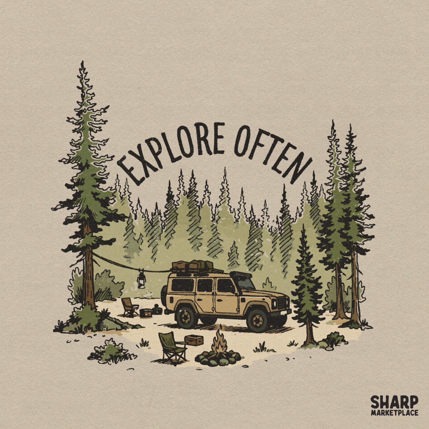 Explore Often camping scene digital design featuring a retro off-road vehicle, campfire, and pine forest, perfect for sublimation and apparel.