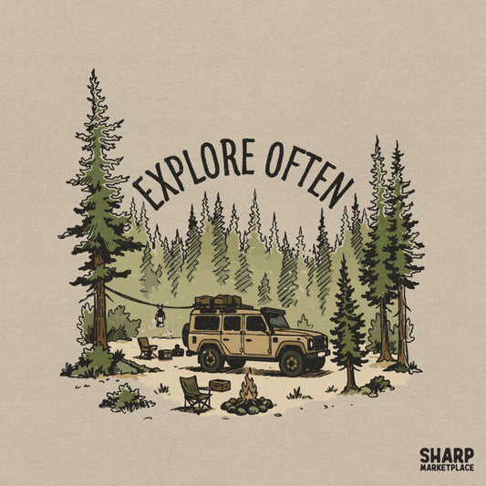 Explore Often camping scene digital design featuring a retro off-road vehicle, campfire, and pine forest, perfect for sublimation and apparel.