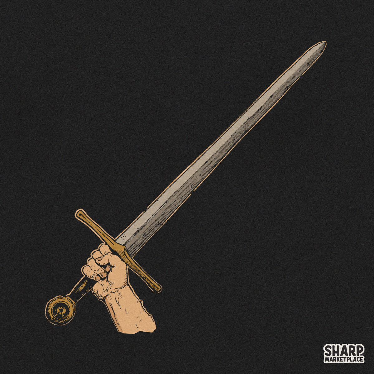 Hand holding a medieval metal sword retro sublimation t-shirt design png graphic for fantasy knight apparel