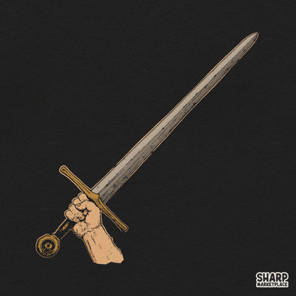 Hand holding a medieval metal sword retro sublimation t-shirt design png graphic for fantasy knight apparel