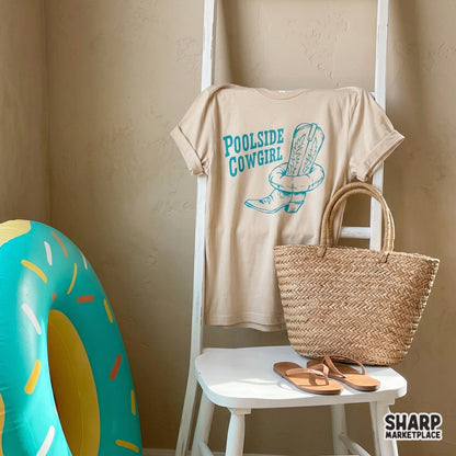 Retro poolside cowgirl boot with heart and turquoise ring for summer western beach apparel and sublimation design