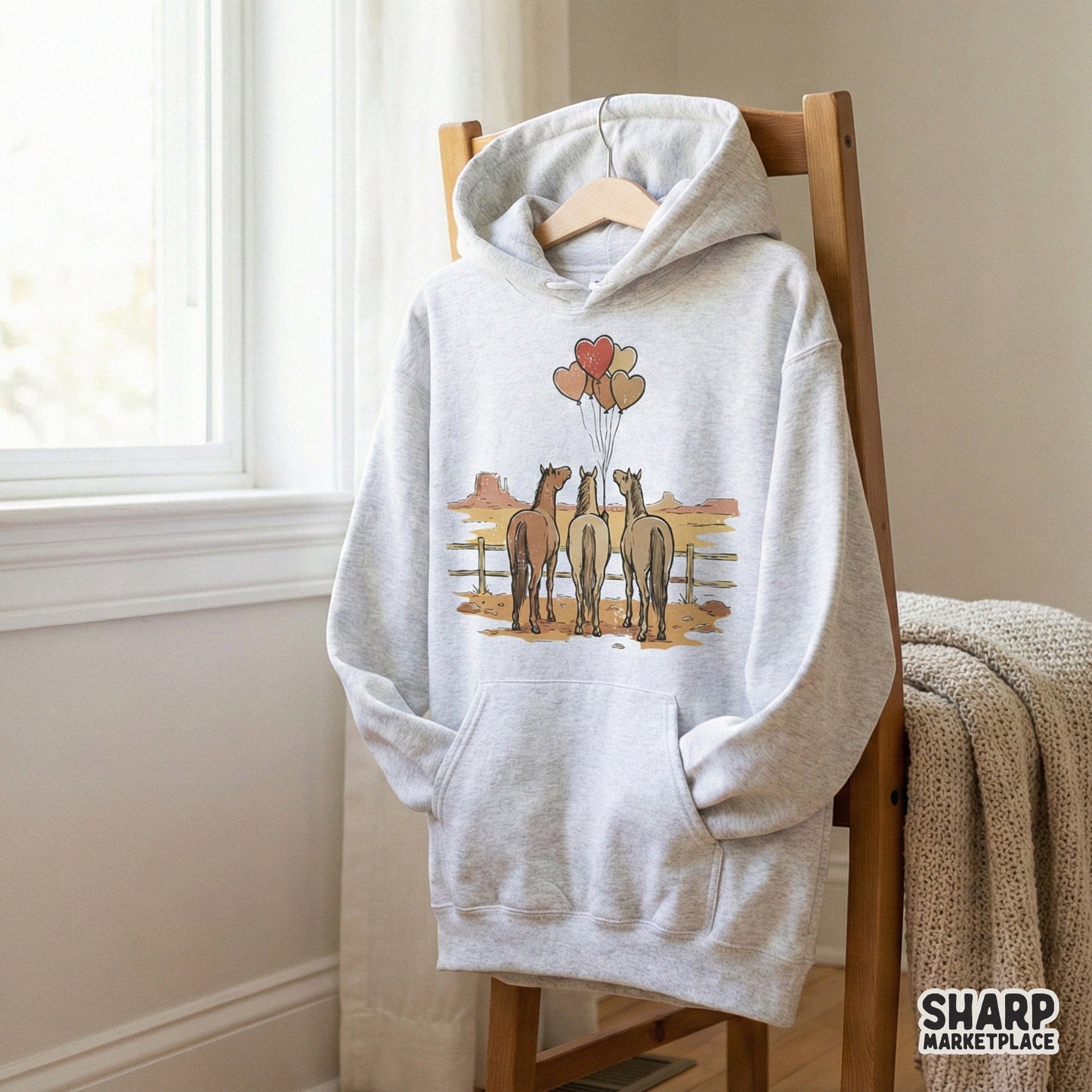 Western Horses With Heart Balloons PNG, Cute Cowboy Decor - 300 DPI