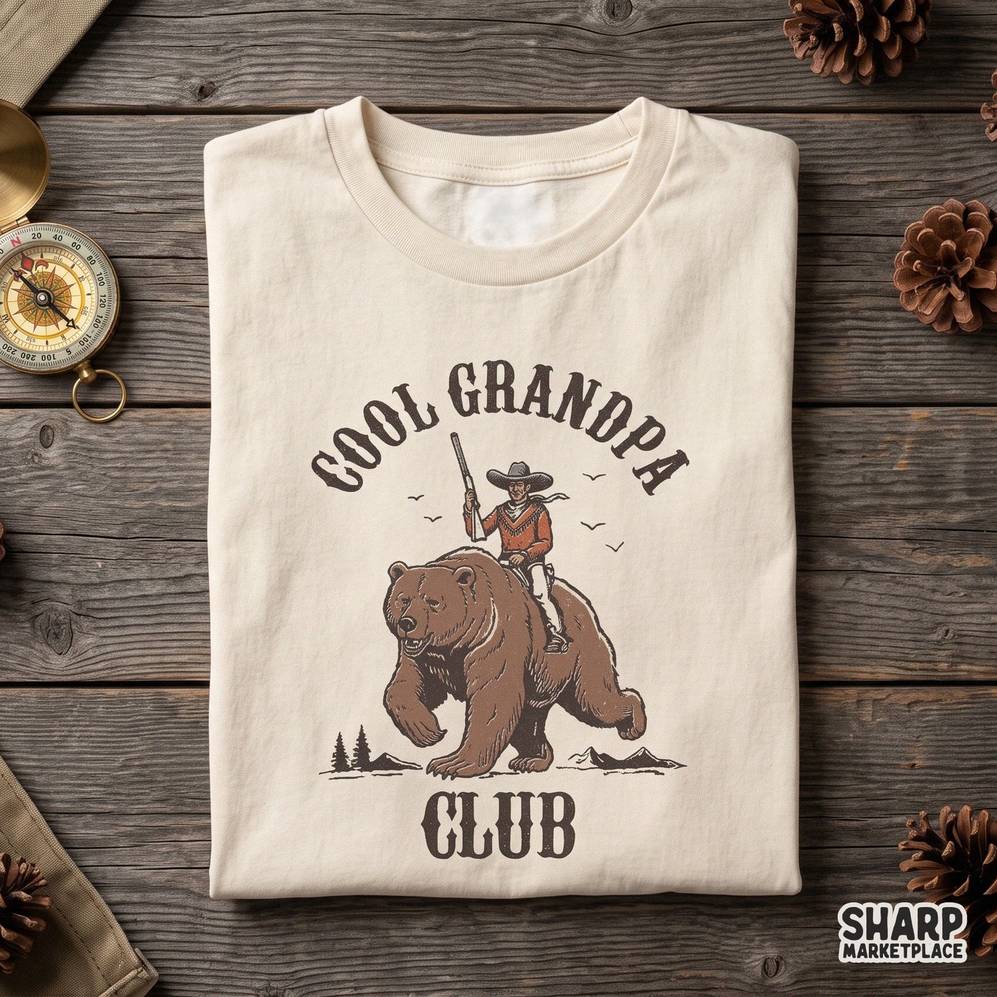 Funny cowboy riding a grizzly bear retro PNG design for Father's Day shirts and cool grandpa western apparel