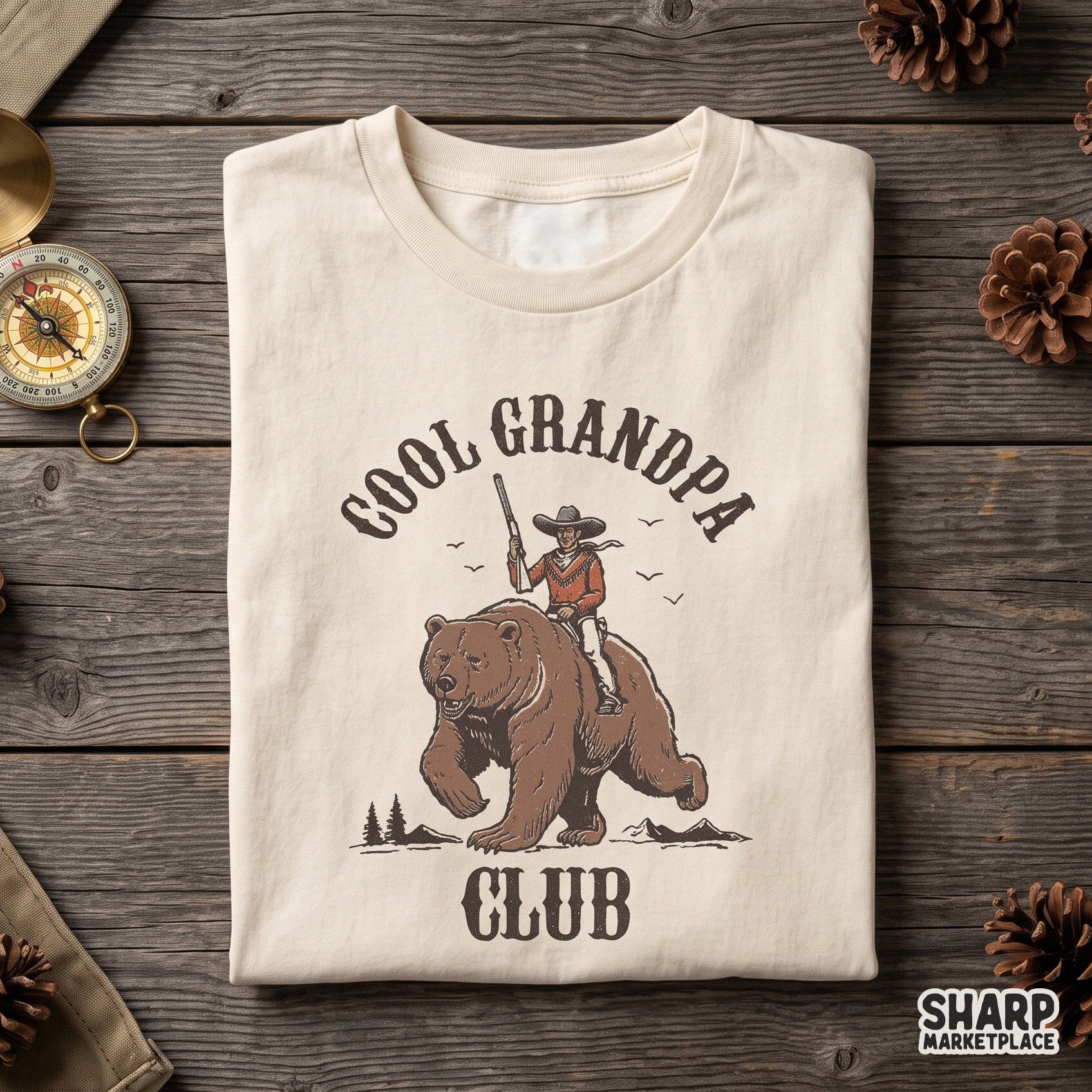 Funny cowboy riding a grizzly bear retro PNG design for Father's Day shirts and cool grandpa western apparel
