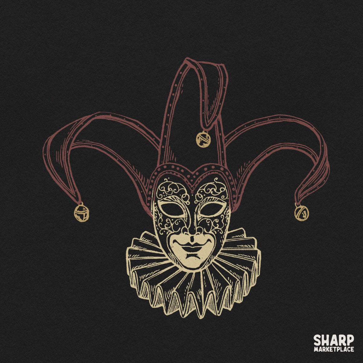 Venetian jester mask design with bells and ruffles for spooky retro Halloween t-shirt sublimation PNGs