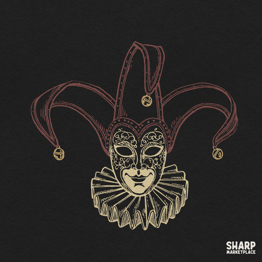 Venetian jester mask design with bells and ruffles for spooky retro Halloween t-shirt sublimation PNGs