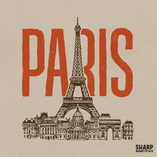 Hand drawn Paris skyline and Eiffel Tower illustration in retro coquette style for travel lovers and girls trip apparel