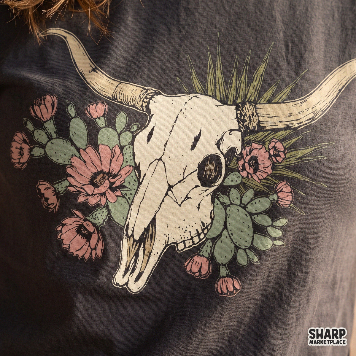 Boho floral cow skull and cactus illustration, vintage desert steer PNG design ideal for western t-shirts and sublimation