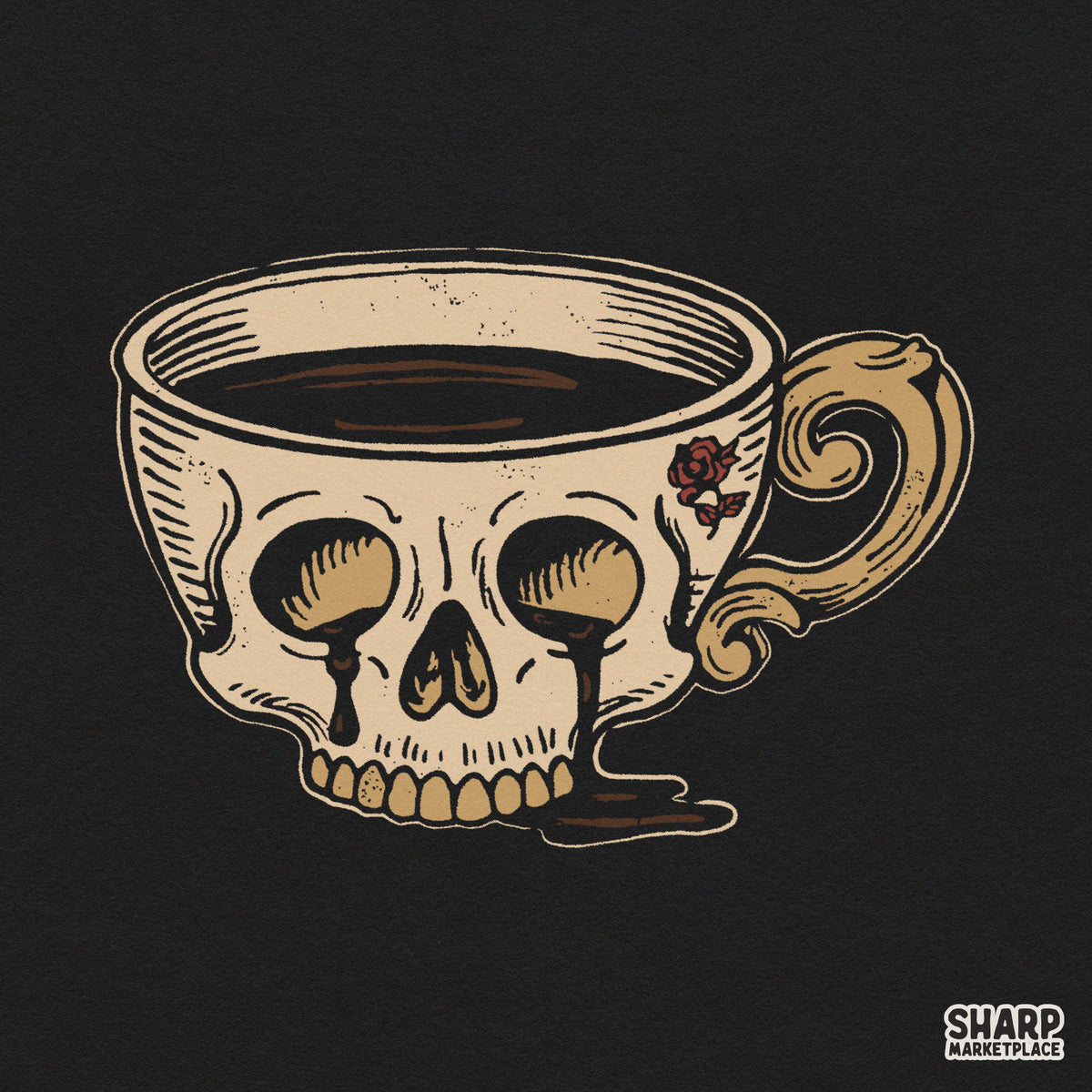 Vintage gothic skull teacup with dripping coffee and roses, spooky sublimation png design for t-shirts