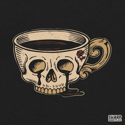Vintage gothic skull teacup with dripping coffee and roses, spooky sublimation png design for t-shirts
