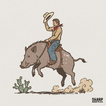 Vintage style illustration of a mustachioed cowboy tipping his hat while riding a bucking wild boar, featuring a desert cactus and rustic colors.
