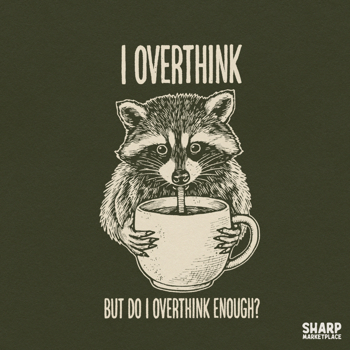 Funny raccoon drinking coffee PNG design with sarcastic overthinking meme quote for sublimation t-shirts and mugs